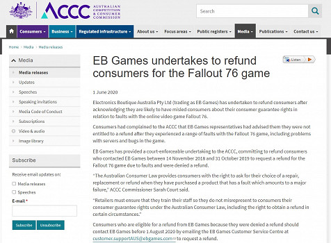 澳洲消費者協會裁定：當地零售商給玩家的《異塵餘生76》退款