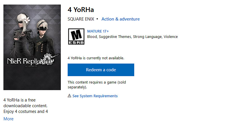 微軟商城洩露《尼爾 偽裝者》免費DLC“4 YoRHa” 與《機械紀元》有關